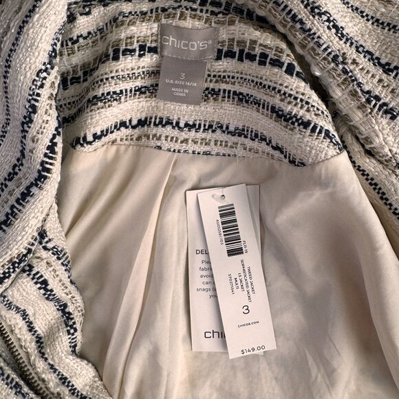 Chicos Tweed Zip Jacket Womens XL Striped Neutral Lagenlook Oversized Thick Boho - Picture 3 of 8